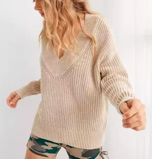 Aerie Sweater Chunky Deep V Neck Oversized 100% Cotton Beige M NWT thumbnail 1