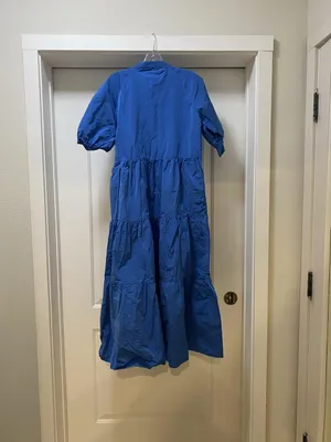 Zara Dress Womens Medium Blue Tiered Puff Sleeve Henley Midi Swing Casual thumbnail 4