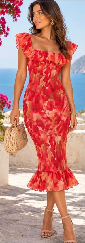 Sage + Paige Floral Smocked Ruffle Off Shoulder Midi Dress Red Sz S🧡🍄 thumbnail 1