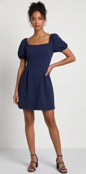 LEYDEN Navy Blue Ribbed Puff Sleeve Mini Dress Size XS thumbnail 1