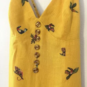 Farm Rio 100% Linen Jungle Tucanos Button Midi Yellow Embroidered Dress Sz XS thumbnail 8
