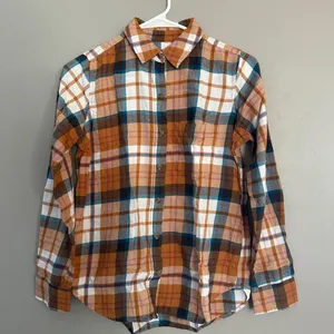 SO flannel button front Juniors xs Shirt Blue, cream, orange and maroon plaid flannel thumbnail 1