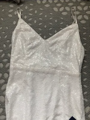 lulu’s white, sequin, sparkly slit dress with adjustable straps thumbnail 8