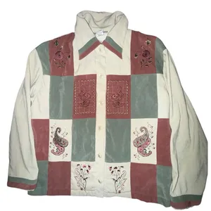 G.W. Petite Division of Graff Vintage Patchwork Embroidered Button Up Jacket Tan thumbnail 1