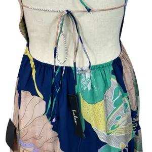 Lulus X-Small Halter Maxi Dress Floral Lined V-Neck Tiered Open Back Blue Multi thumbnail 8