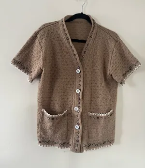 Brown Knit Short Sleeve Cardigan Sweater Large Embroidered Grandpa Folk Cottage thumbnail 1