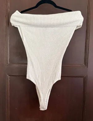 FREE PEOPLE Too Good Cream Ribbed Off Shoulder Knit Body Suit | Small thumbnail 1