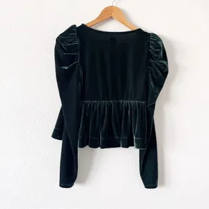 Anthropologie Maeve Pine Green Velvet Babydoll V-Neck Long Sleeve Top thumbnail 9
