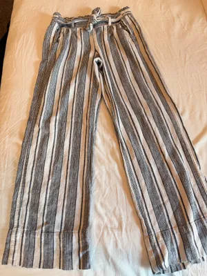 Rewind Linen Blend Striped Wide Leg Pants Small Black White Belted thumbnail 1