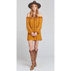 NWT Show Me Your Mumu Bess Lace Off Shoulder Boho Flowy Dress Mustard Yellow Med thumbnail 4