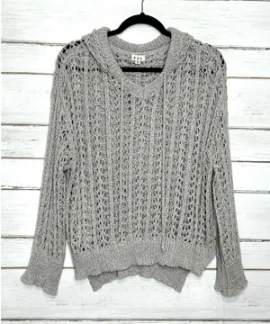 POL Open Knit Hooded Sweater Small Gray Boho Crochet Lightweight Top thumbnail 1