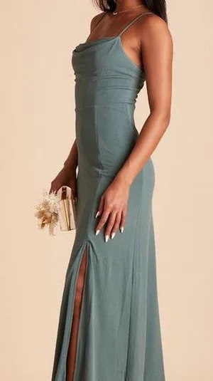 Birdy Grey Ash Crepe Sea Glass Bridesmaid Dress Party cowl neck slit floor length skinny spaghetti straps, invisible back zipper stretch crepe-L thumbnail 4