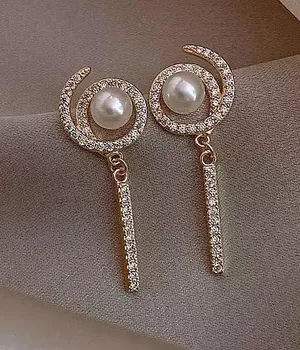 Crystal Tassel Pearl Beaded Stud Drop Earring Gold thumbnail 3