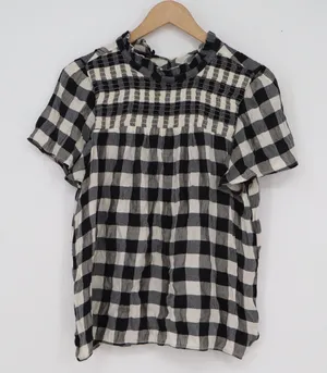 LOFT Black White Buffalo Plaid Smocked Ruffle Neck Blouse Top Medium thumbnail 1
