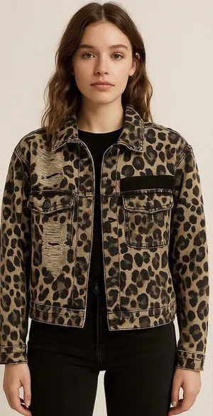 Dance And Marvel Leopard Distressed denim Jacket, Fits Med (D27) thumbnail 1