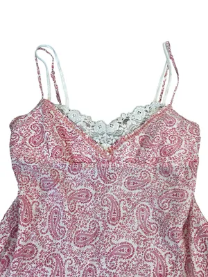Vintage Anchor Blue Pink Paisley Babydoll Top Tie Back Cream Lace Trim Y2K thumbnail 2