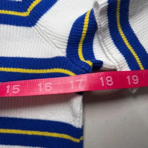 Lauren Ralph Lauren White Blue Yellow Striped‎ Cotton Sweater XL Gold Buttons thumbnail 8
