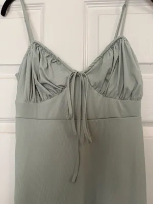 Women’s Sage Green Ruched Tie Front Mini Dress Spaghetti Strap Stretch thumbnail 3