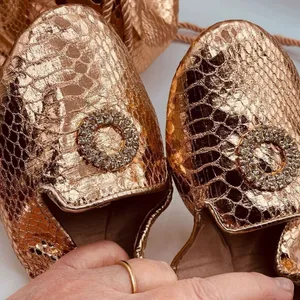 Joan Boyce ballet flats and drawstring bucket bag in rose gold faux leather thumbnail 3