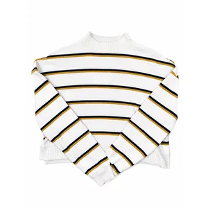 SO Women White Striped Mock Neck Cropped Knit Sweater Navy Mustard XS thumbnail 4