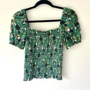 Anthropologie Dolan Left Coast Smocked Puff Sleeve Green Toucan Print Top Floral thumbnail 10