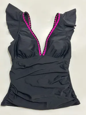 Black Tankini with Pink Trim V-Neck Swim Top thumbnail 1