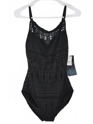 Aqua Green Crochet High Neck Black One Piece Swimsuit Medium thumbnail 4