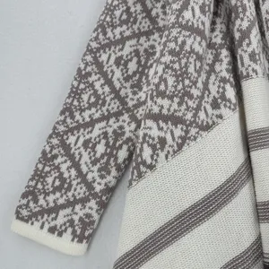 Old Navy Long Cardigan Women L Taupe Cream Geometric Waterfall Open Front Boho thumbnail 5