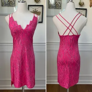 Vintage Y2K Ynes Stretchy BodyCon Mini Dress Bold Pink Glitter S thumbnail 2