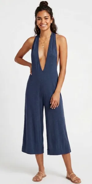 Free People Beach "Show Your Colors" Linen Blend Halter Jumpsuit M thumbnail 1