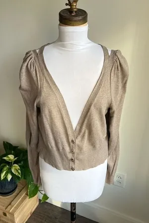 Anthropologie Moth Cardigan Sweater Tan Shoulder Cutout Size S thumbnail 1