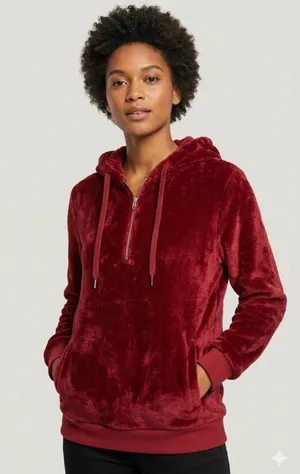 Plush Red Half-Zip Hoodie Sweater Women’s Size Large – Soft Fuzzy Pullover thumbnail 1