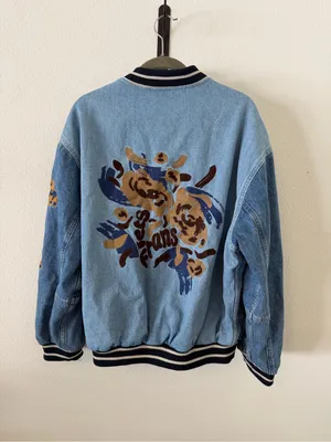 iets frans Blue Denim Embroidered Varsity Jacket Size XS thumbnail 7