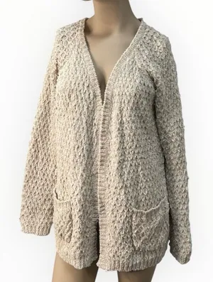 POL Chunky‎ Knit Cream Open Front Popcorn Cardigan Patch Pockets Cottage L NWOT thumbnail 1