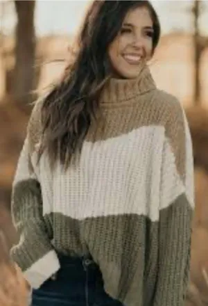 POL Womens Oversize Colorblock Turtleneck Sweater Chunky Knit Cream Tan 3XL thumbnail 1