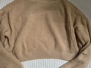 SHEIN Beige Cropped Rib-Knit Mock Neck Long Sleeve Pullover Sweater Women's M thumbnail 2