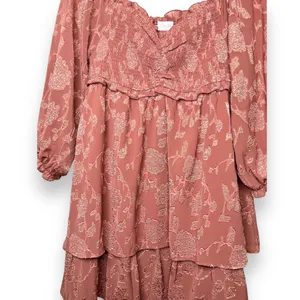 Pink Lily | Textured Floral Long Sleeve Cinched Bust Smocked Mini Tiered Dress L thumbnail 3