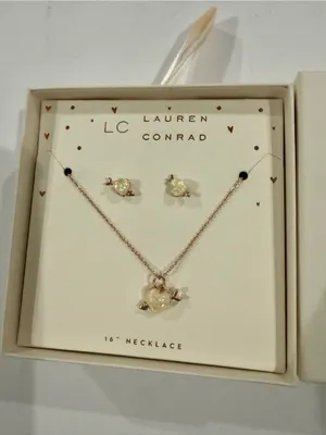 Kohl's Lauren Conrad Rose Gold heart Necklace Earring Set opalite cute gift box thumbnail 2