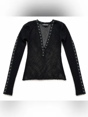 I.AM.GIA Black Mesh Festival Long Sleeve Top XS Sheer Eyelet Grunge Goth thumbnail 3