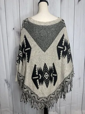 Earthbound Trading Poncho Sweater Fringe Aztec Black Tan Sz XL thumbnail 9
