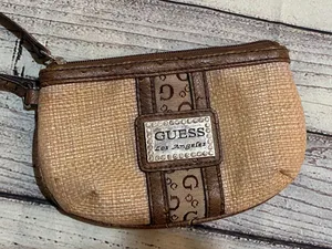 Guess Authentic Y2K Vintage Wristlet bag tan brown small Rhinestones silver logo thumbnail 3