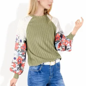 Olive Green Floral Patchwork Blouse Ribbed Lace Balloon Sleeve Whimsigoth XL thumbnail 5