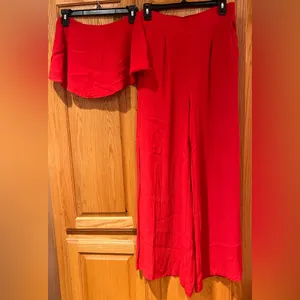 Free People Gia Red Crepe‎ Strapless Flounce Top & Wide Leg Pants Set Size Small thumbnail 7