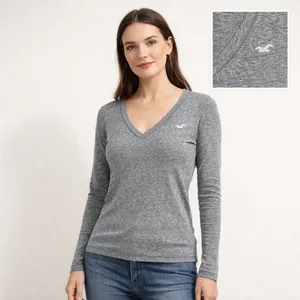 Hollister V Neck Long Sleeve Basic Tee Size M Womens Gray Slim Fit Logo Y2K thumbnail 2