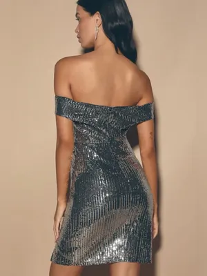 Lulus NWT Women Small Shiny Silver Off the Shoulder Sequin Mini Party Dress thumbnail 2
