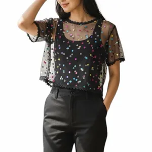 SheIn Black Mesh Boxy Sequin Top Sheer Evening Size 0XL thumbnail 9