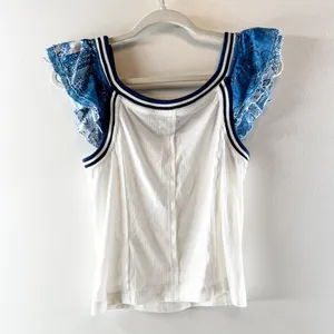 Pilcro Anthropologie Ruffle Cap Short Sleeve Scoopneck Tee Shirt White Blue M thumbnail 4
