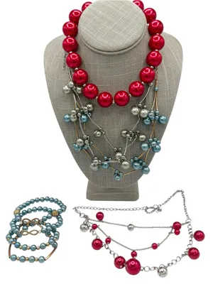 Red, Blue & Green Chunky Faux Pearl Necklace & Bracelet Jewelry Lot thumbnail 1