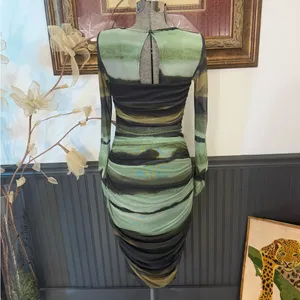 Anthropologie Ruched Sheer Mesh Bodycon Midi Dress Green Black XS🧡🍄 thumbnail 5