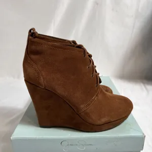 Jessica Simpson JS Catcher Ankle Boots Womens 6.5M Bourbon Oiled Sued 4” Wedge thumbnail 4